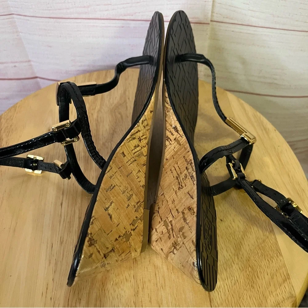 Tory Burch Black Ankle Strap Cork Wedge Sandal‎ Size 7 - Picture 8 of 13